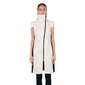 Women's Asymmetrical High-Collar Sleeveless Jacket, Ivory & Black, Cotton